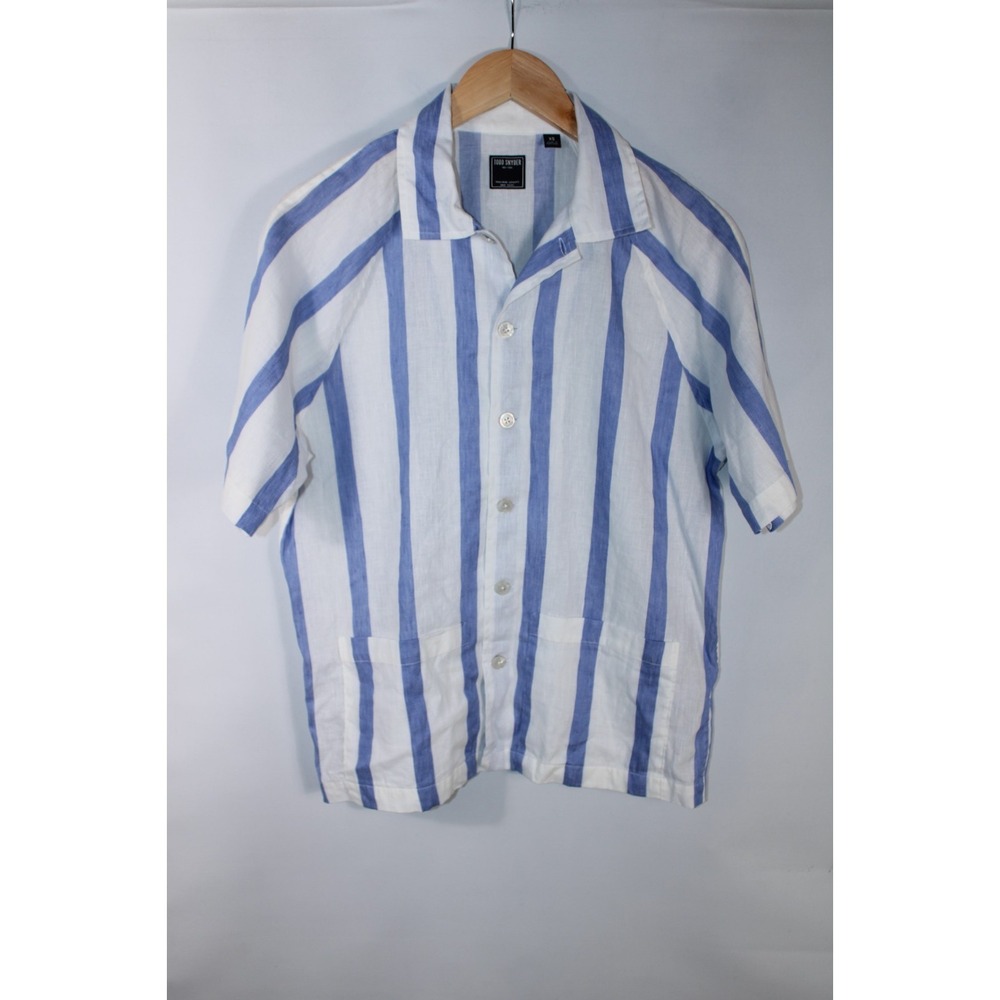 Todd Snyder Men's XS Blue White Striped Short Sleeve Linen Shirt
